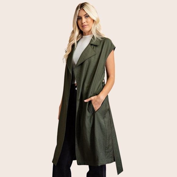 Long Sleeveless Open Front Vest with Belt & Pockets - Picture 1 of 6